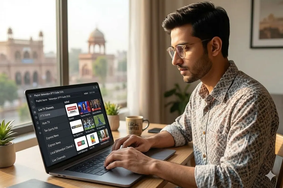 Man learning how to add an IPTV playlist on a laptop