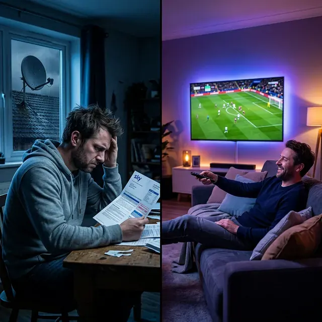 Viewer stressed by a high cable bill next to a relaxed viewer watching IPTV USA