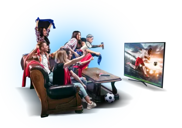 Friends cheering while watching a soccer match on TV
