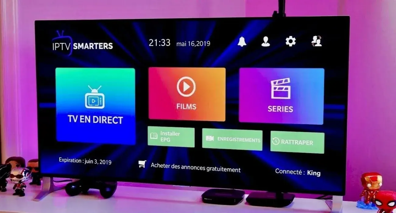 IPTV app menu with series and movies on a bedroom TV