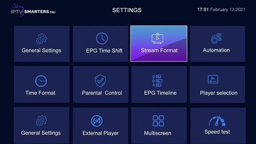 Premium IPTV app settings with EPG, stream format and multiscreen options