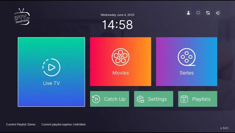 IPTV player for Firestick showing Live TV, Movies and Series menu