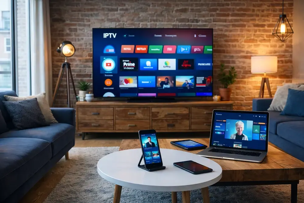 Living room with a TV, a tablet and a phone streaming the same service