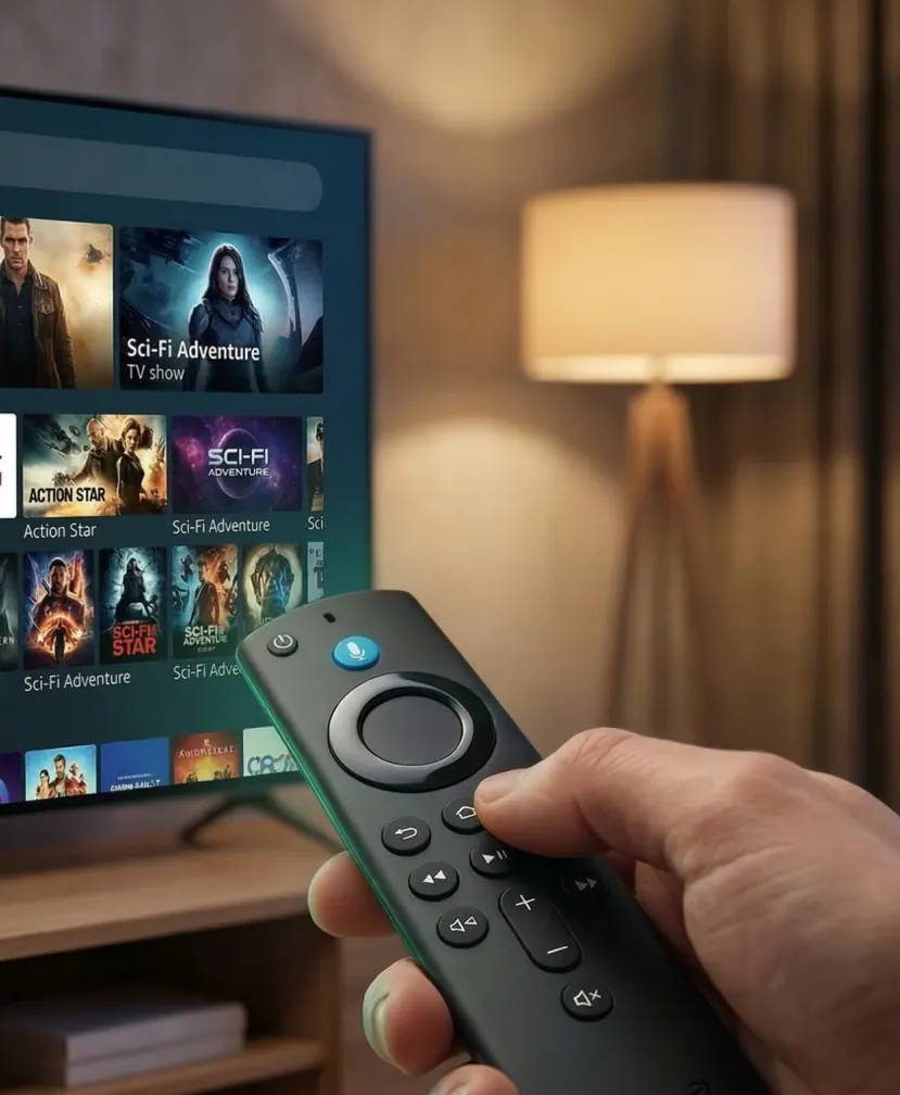 Hand holding a Fire TV remote to search on IPTV